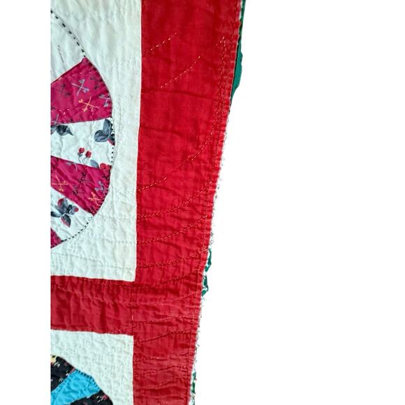 Antique Vintage Dresden Plate Quilt Red Sashing Hand Stitched 66x74” Patchwork - Picture 14 of 14